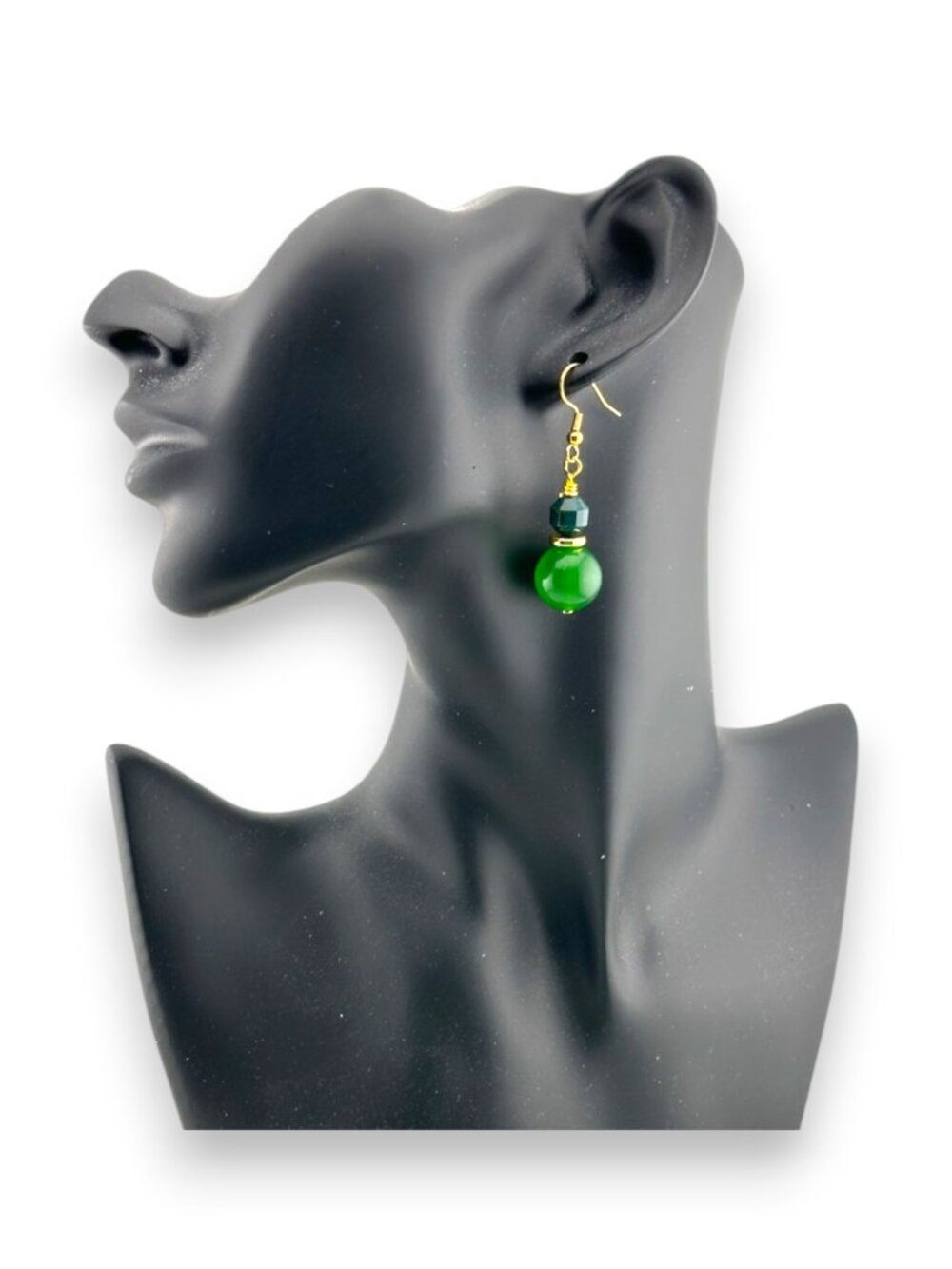 Green Jade Bloodstone Earrings Handmade Gold Plated Gemstone Dangle 2" Drop - Picture 7 of 10
